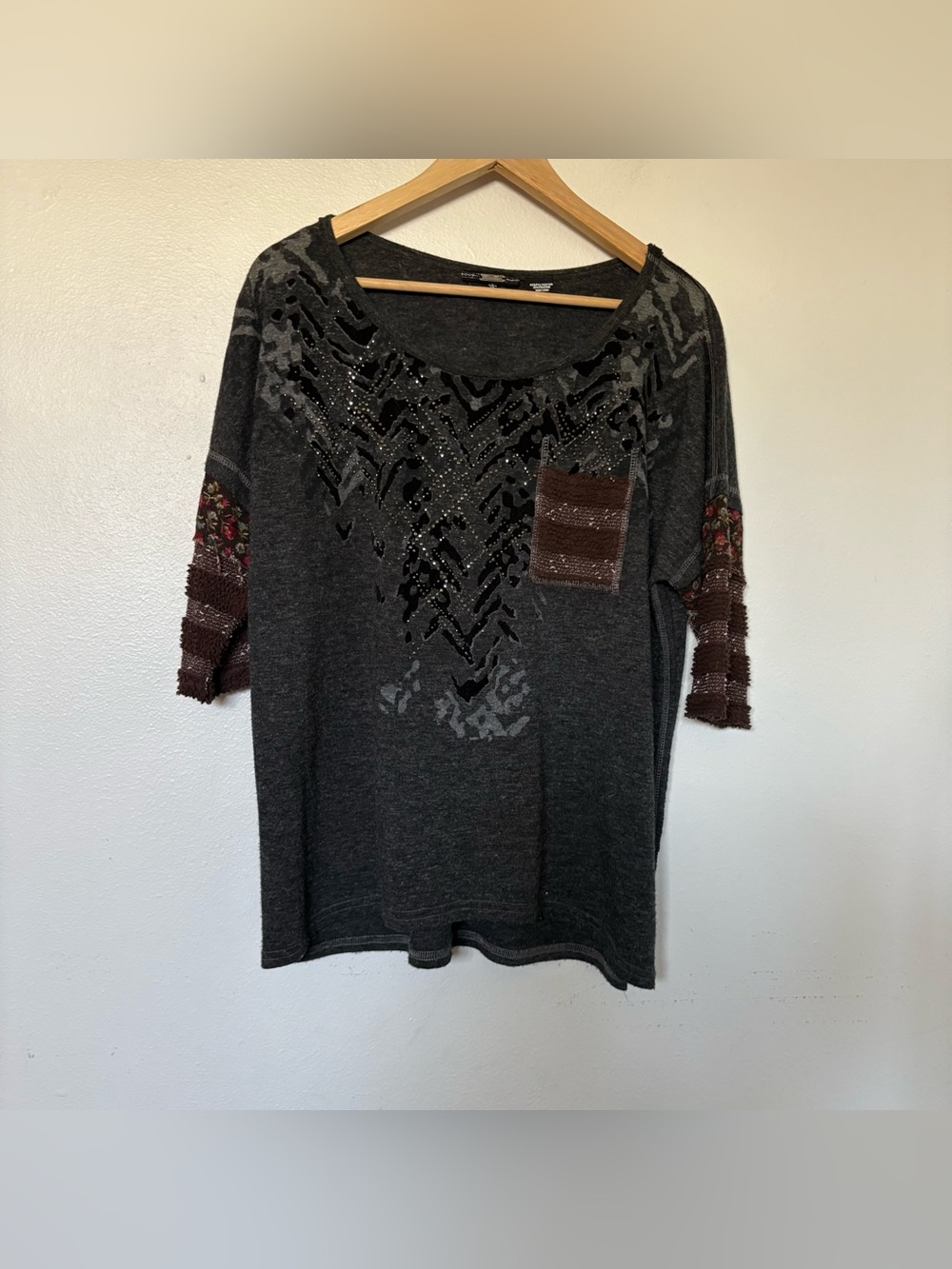 Miss Me Charcoal Gray‎ Knit Top Blouse Patchwork Cowgirl y2K Size Large
